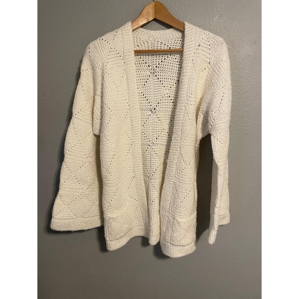 Handmade Crochet Cardigan Womens Size M/L White Open Front Pockets Festival Boho